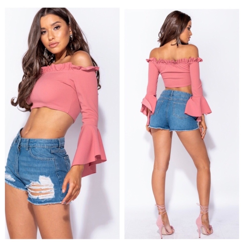 Flare Sleeve Cropped Bardot Top - Picture 2 of 8
